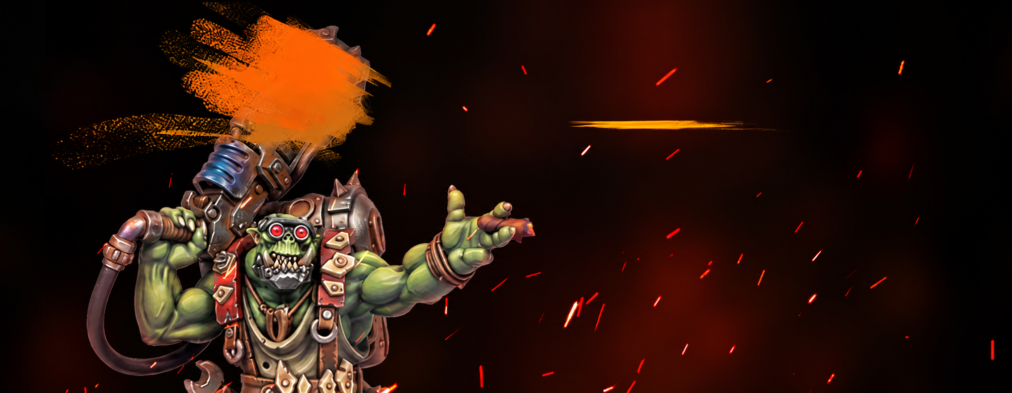Painted green orc miniature surrounded by orange paint splashes and sparks.